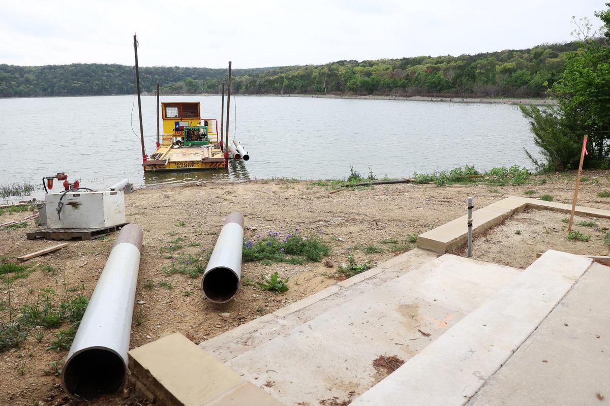 Construction on the fishing pier on Tucker Lake at Palo Pinto Mountains State Park has begun, as seen on Monday, April 1, 2024.