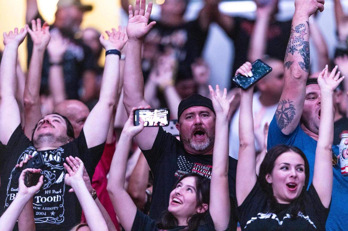 Fans cheer as the Metallica band members get on stage during the Metallica: M72 World Tour concert at AT&T Stadium in Arlington, Texas on Friday, Aug. 18, 2023.