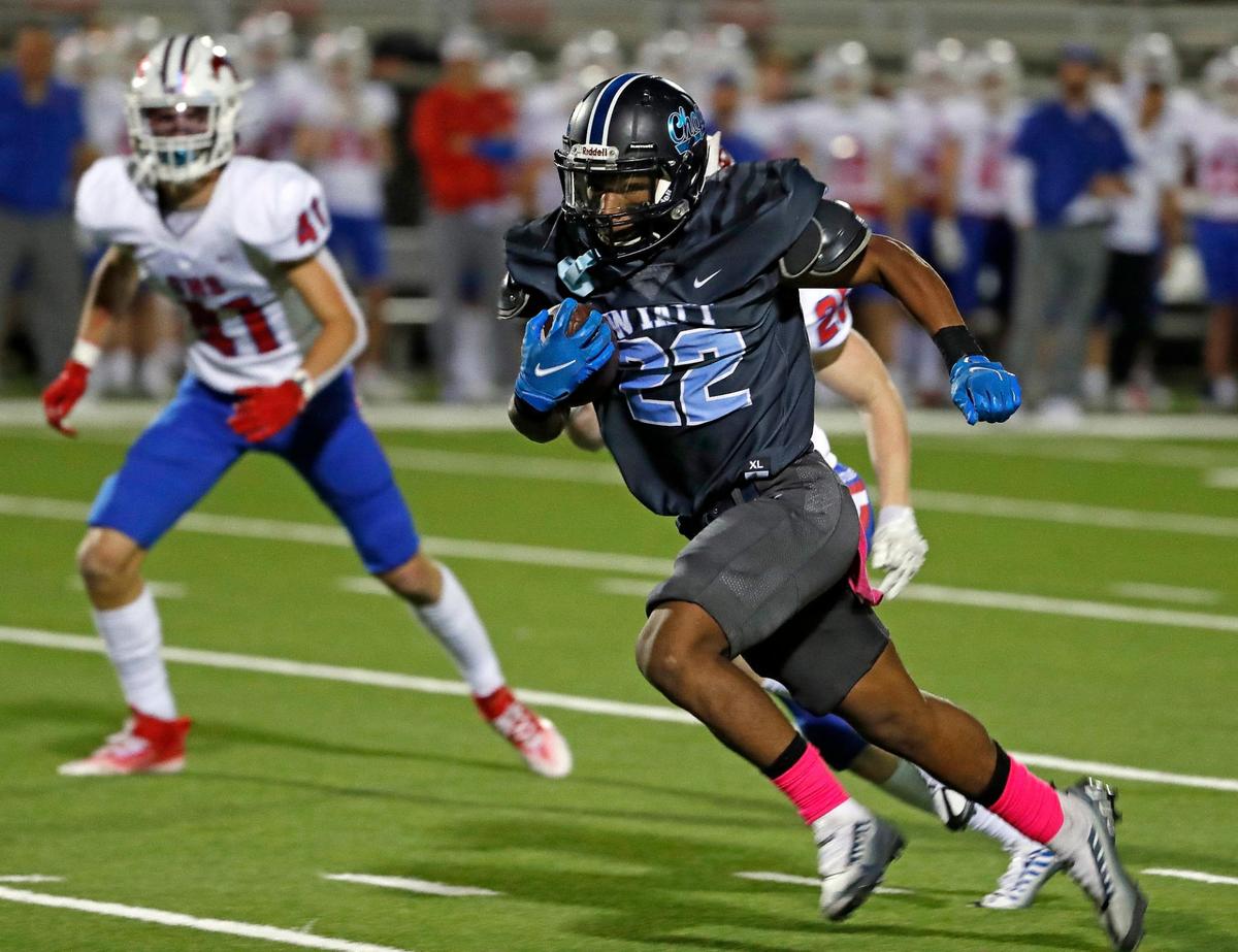 O.D. Wyatt wide receiver Jorvorskie Lane, Jr. (22) takes it downfield for the Chaparrals first score in the first half of a District 4-5A Division 2 football game at Scarborough-Handley Field in Fort Worth, Texas, Thursday, Oct. 20, 2022. Grapevine led Wyatt 35-7 at the half. (Special to the Star-Telegram Bob Booth)