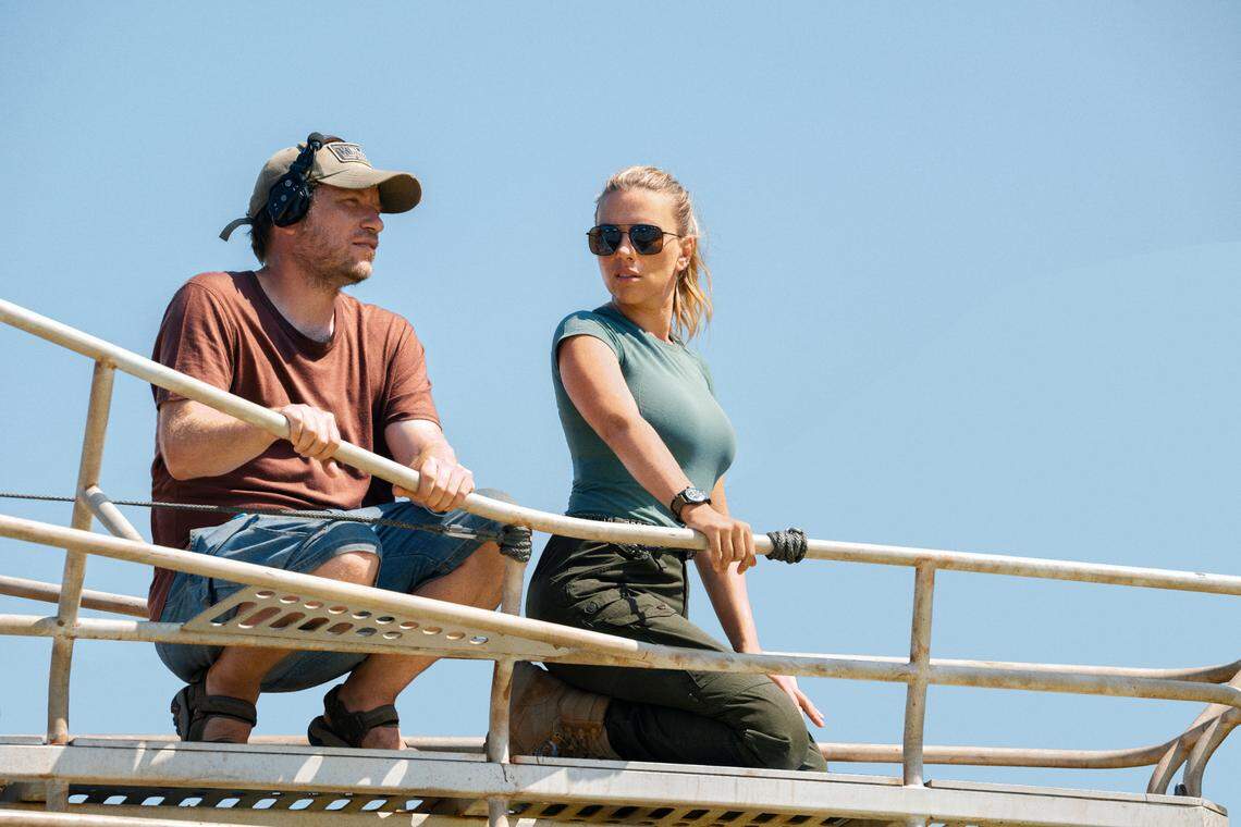 Director Gareth Edwards and star Scarlett Johansson on the set of “Jurassic World Rebirth.”