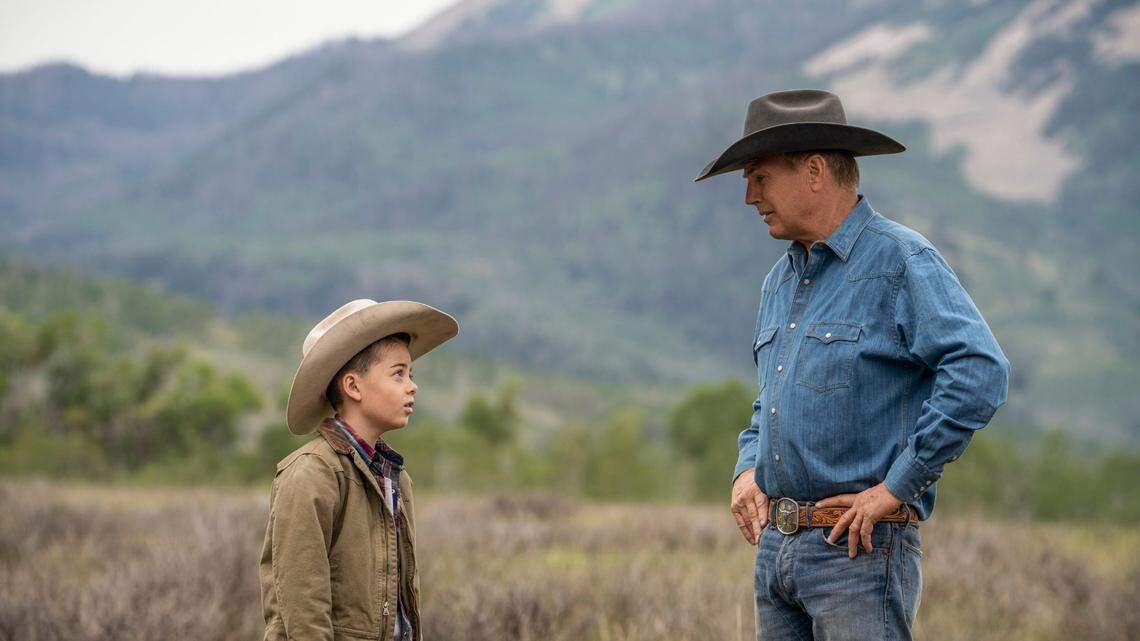 (L-R) Brecken Merrill as Tate Dutton and Kevin Costner as John Dutton. Season 3, Episode 3 of Yellowstone- “An Acceptable Surrender” on Paramount Network.