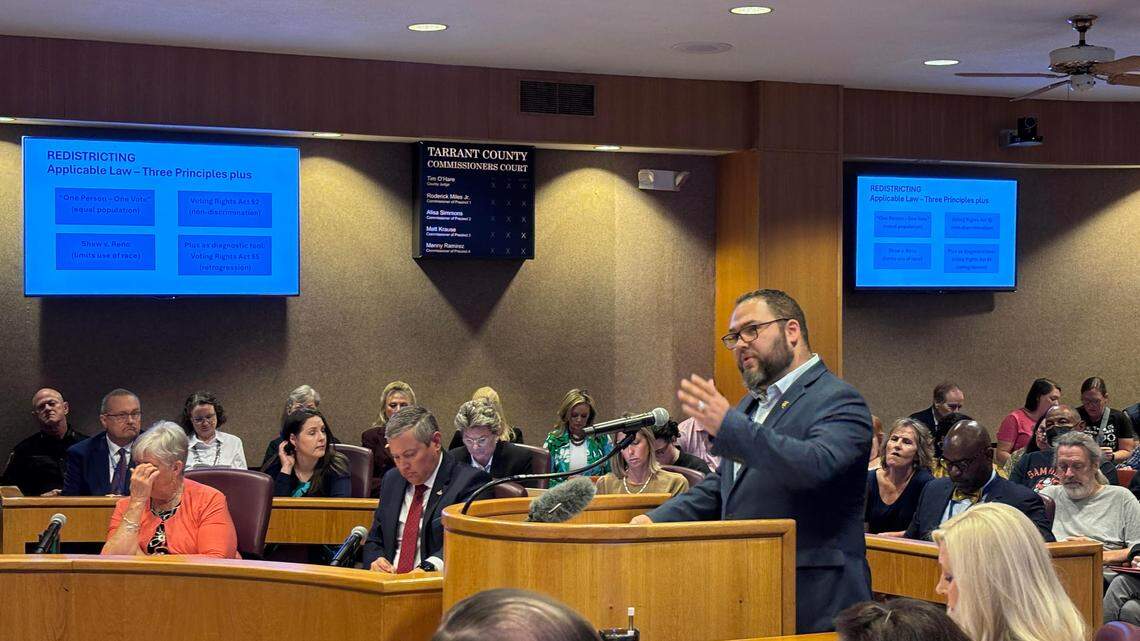 Gabe Rivas, who is on Precinct 2 Commissioner Alisa Simmons’s staff, gave a presentation to the commissioners court on May 20, 2025 on the redistricting laws and the findings from the 2021 redistricting process.