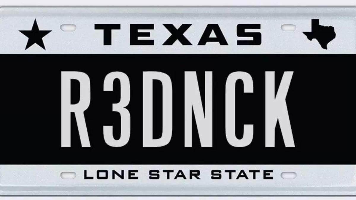 A custom license plate that was rejected in 2024 reads, “redneck.”