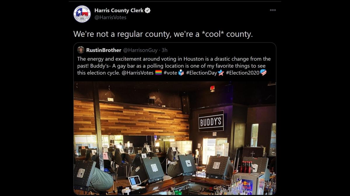 A Harris County LGBTQ bar has transformed into a presidential polling location.
