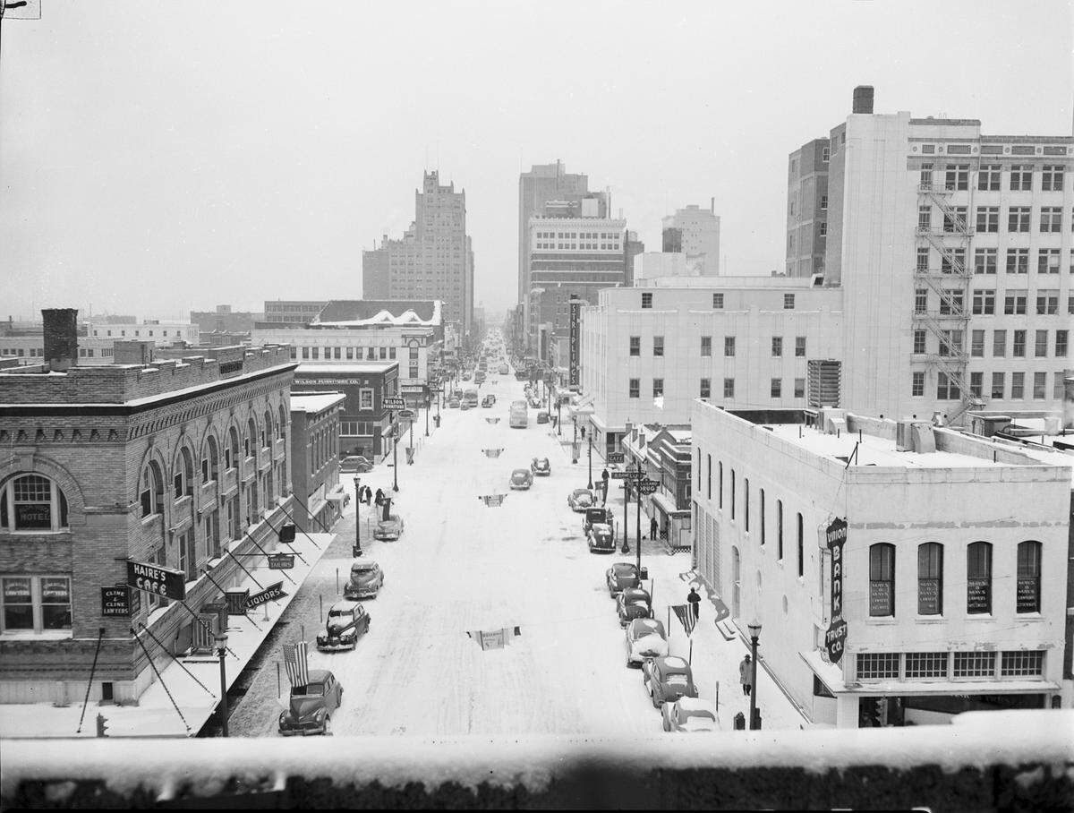 Jan. 28, 1948: “View from the Tarrant County Courthouse of a snow covered downtown Fort Worth, Texas. Businesses pictured include the Union Bank and Trust Company, Haire’s Café, Stripling’s Department Store and the Wilson Furniture Company.”