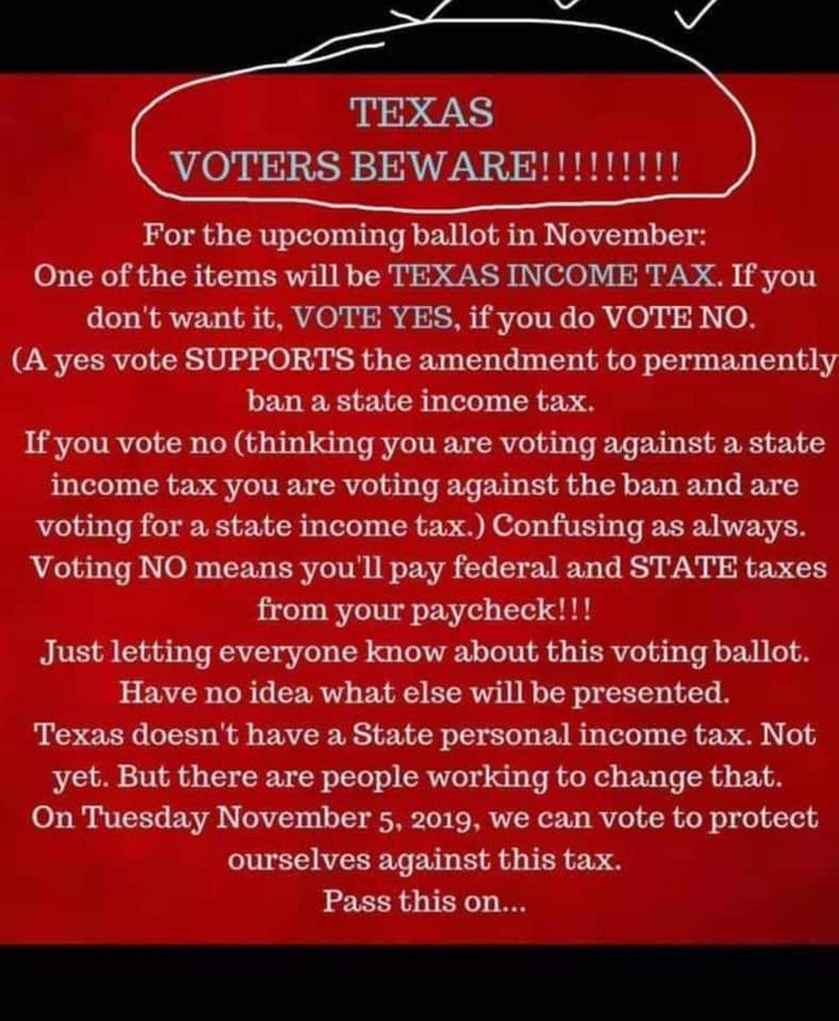 This meme being spread on Facebook falsely says that voters will pay an income tax if they vote against an upcoming constitutional amendment proposition.