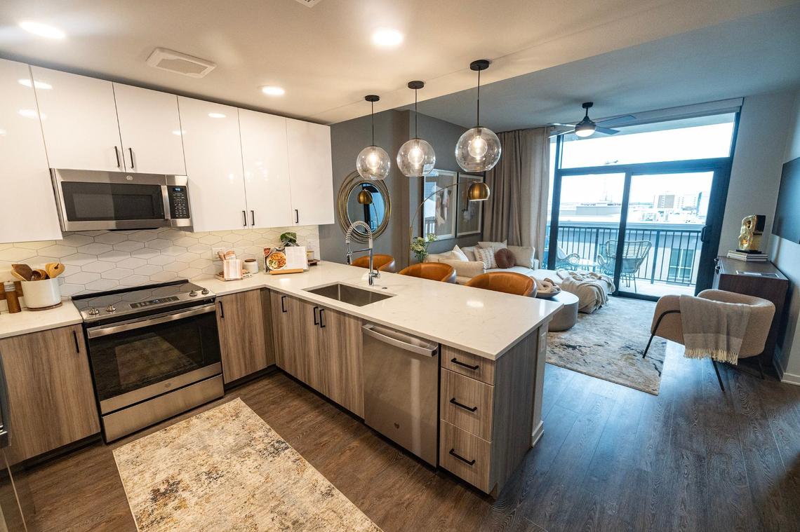 A model of the small to medium sized one bedroom, one bathroom apartment in the new Deco 969 High-Rise Apartments in downtown Fort Worth on Wednesday, July 17, 2024.