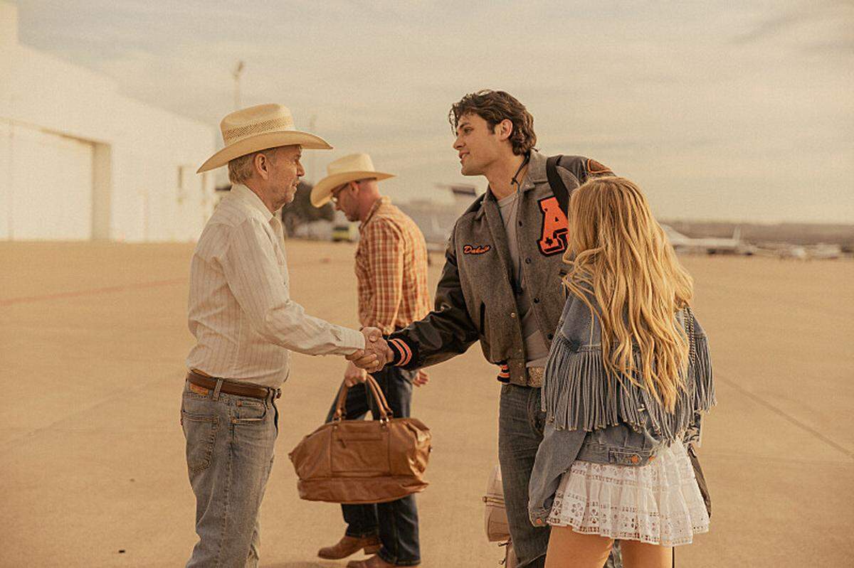 (L to R) Billy Bob Thornton as Tommy Norris and Drake Rodger as Dakota Loving in season 1, episode 1 of “Landman” streaming on Paramount+.