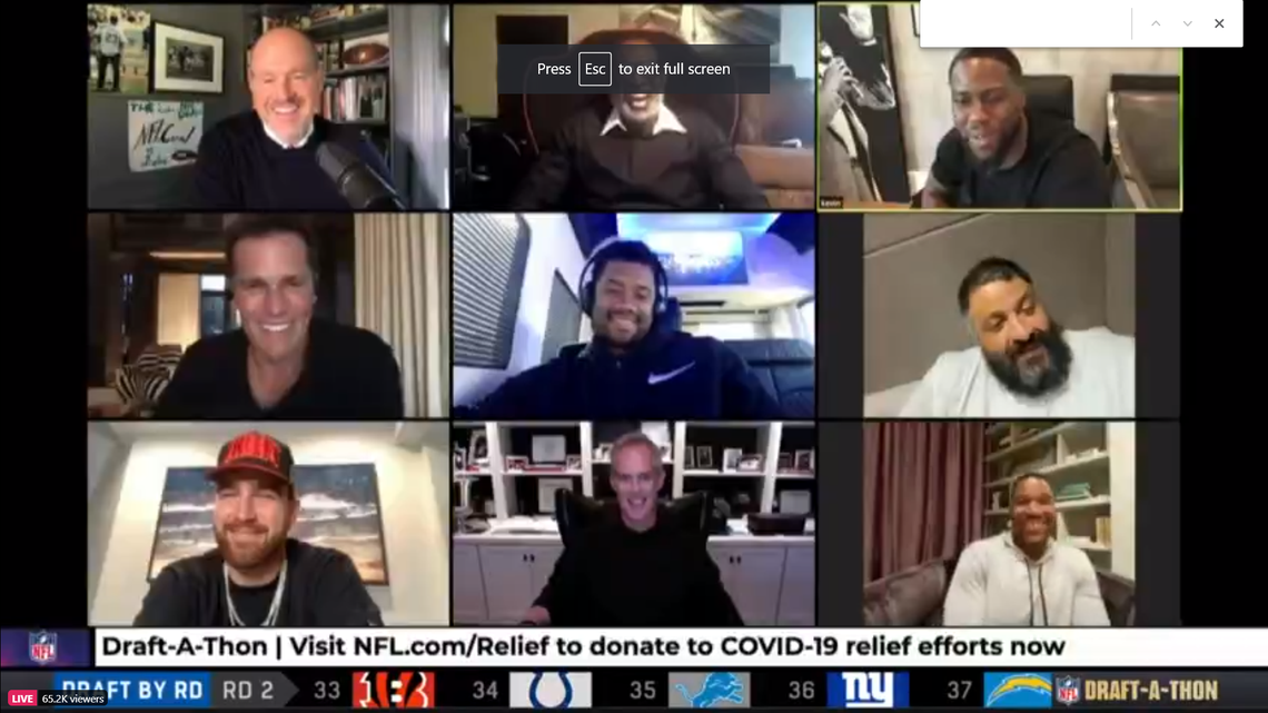 Tom Brady joined hosts Rich Eisen, Deion Sanders and comedian Kevin Hart during the NFL’s fundraiser for COVID-19 relief during the NFL draft Thursday night.