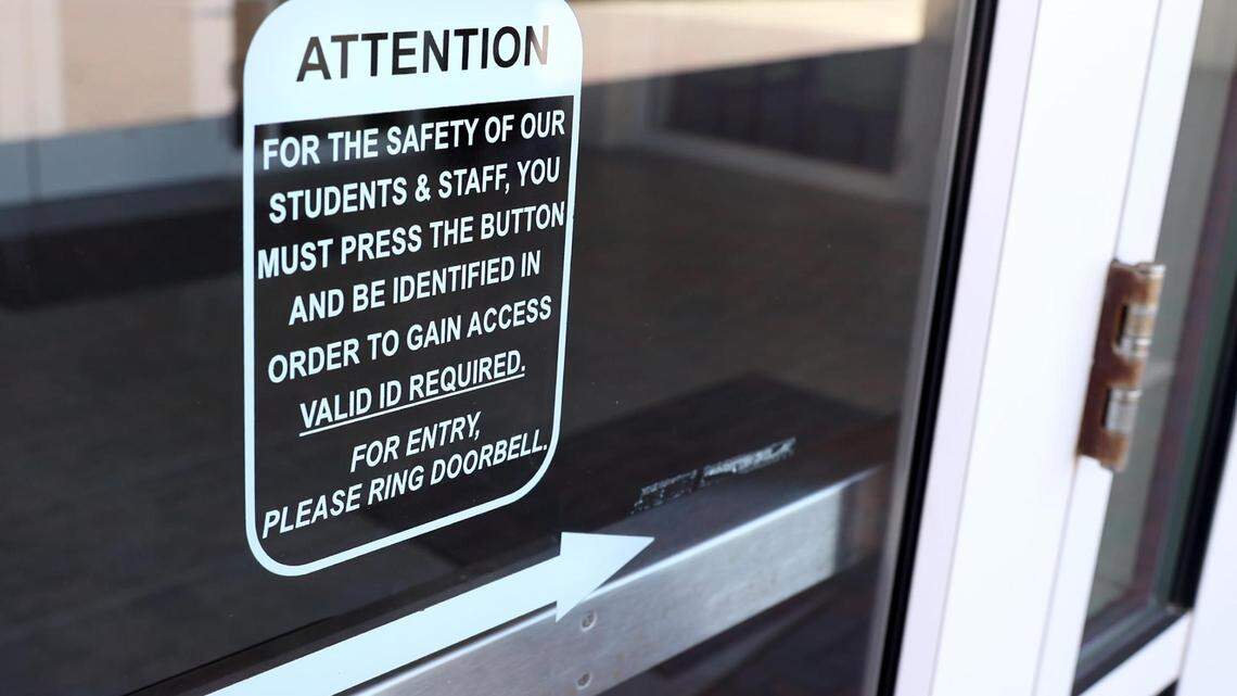 The front entrance of V.R. Eaton High School in Haslet on Tuesday, July 26, 2020. All visitors to the school must use an intercom and security camera system to identify themselves before gaining entry. Following the Uvalde shooting, Gov. Greg Abbott instructed the Texas Education Agency and the Texas School Safety Center at Texas State University to work with districts on security measures.