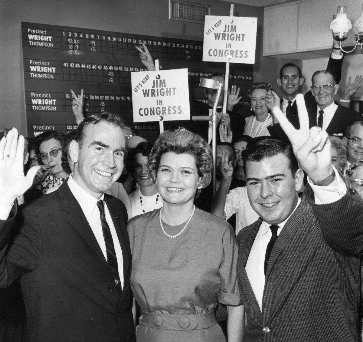 May 2, 1964: Congressman Jim Wright and wife Mab with son Jimmy, celebrate a Wright landslide victory.
