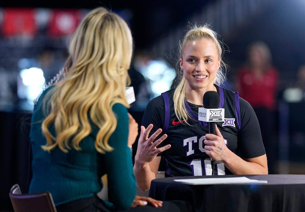 TCU Horned Frogs guard Hailey Van Lith (10) talks with reporter Hannah Wing during the Big 12 Women’s Basketball Media Day at T-Mobile Center on Oct. 22, 2024, in Kansas City, MO.