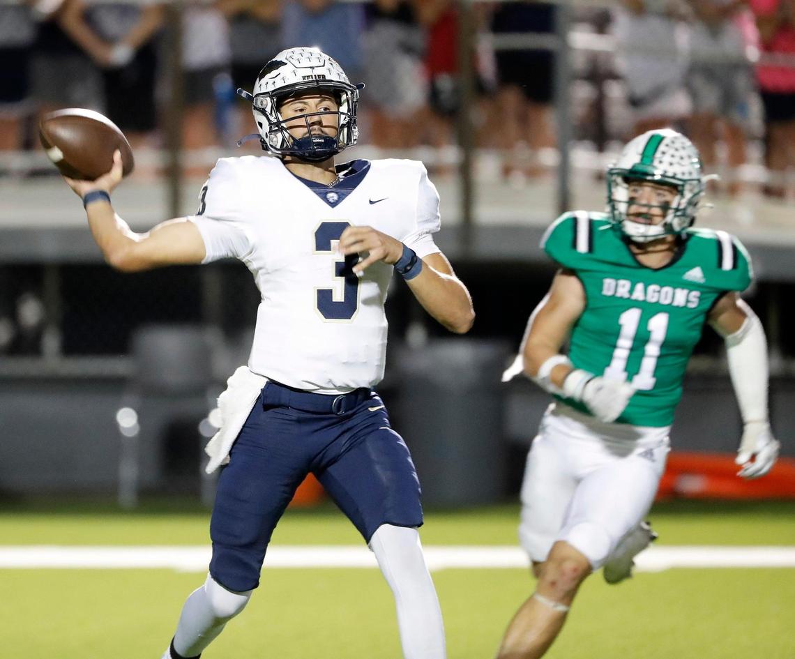 Southlake Carroll defensive back J David Sparks (11) closes in on Keller quarterback Tre Guerra (3) as he completes a pass in the first half of a District 4-6A high school football game at Dragon Stadium in Southlake, Texas, Friday, Oct. 07, 2022. Keller led Carroll by four at the half. (Special to the Star-Telegram Bob Booth)