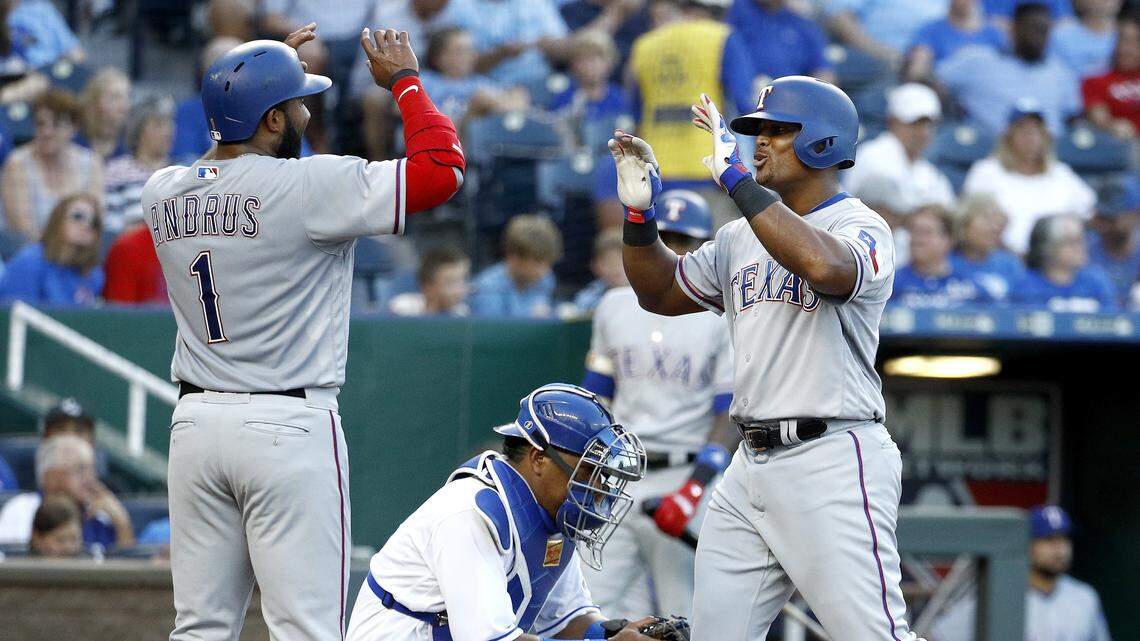 Rangers' Adrian Beltre, right, celebrates with Elvis Andrus after hitting a three-run home run in the third inning Monday night in Kansas City, Mo. It was Andrus' first game since he went on the disabled list with a broken right elbow on April 12.