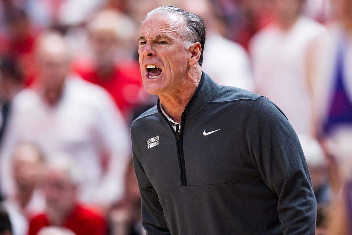LUBBOCK, TEXAS - MARCH 03: Head coach Jamie Dixon of the TCU Horned Frogs shouts during the first half of the game against the Texas Tech Red Raiders at United Supermarkets Arena on March 03, 2026 in Lubbock, Texas. (Photo by John E. Moore III/Getty Images)