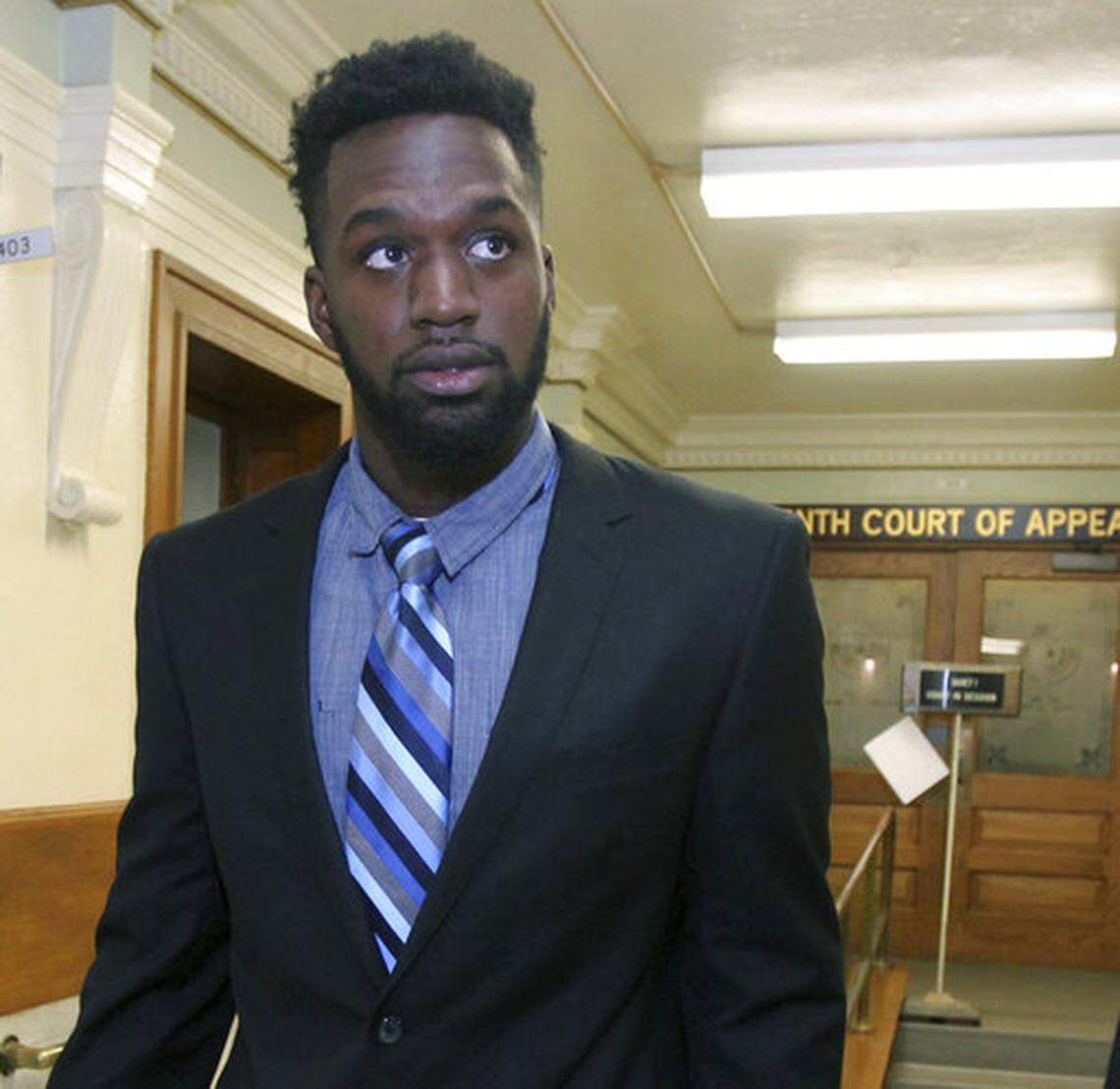 Former Baylor football player Sam Ukwuachu leaves the 10th Court of Appeals following arguments in Waco, Texas, on March 1, 2017. Texas’ highest criminal appeals court has reinstated the 2015 sexual assault conviction of Ukwuachu, whose case ignited a scandal that engulfed the nation’s largest Baptist school. The Texas Court of Criminal Appeals said June 6, 2018, that a lower court erred by overturning the conviction of Ukwuachu based on text messages between the victim and a friend that had not been allowed in trial.