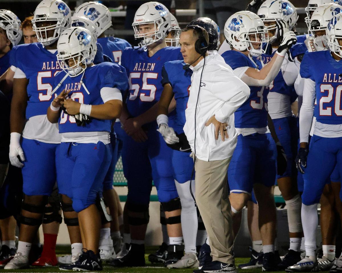 Allen head coach Lee Wiginton watches the final minute from their sidelines in the second half of a UIL Conference 6A Division 1 area round football playoff game at Dragon Stadium in Southlake Texas, Friday, Nov. 17, 2023.