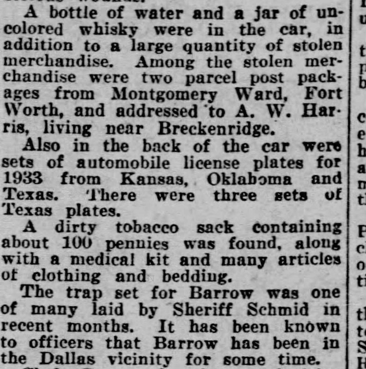 The Star-Telegram newspaper reported on Bonnie and Clyde’s car burglary after escaping the police on Nov. 23, 1933.