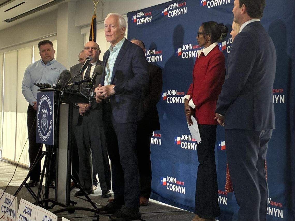 Sen. John Cornyn speaks at a Feb. 18 campaign event in Fort Worth. He’s running in the Republican primary for U.S. Senate.
