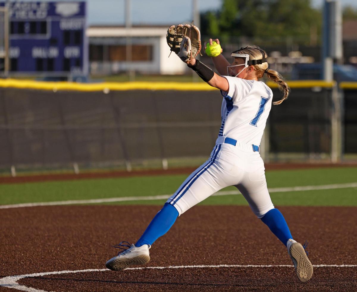Joshua pitcher Serenity Vaught (1) records her 350th strike out during a UIL 5A D2 bi-district softball playoff game at Eagle Softball Field in Crowley, Texas, Thursday, Apr. 24, 2025.