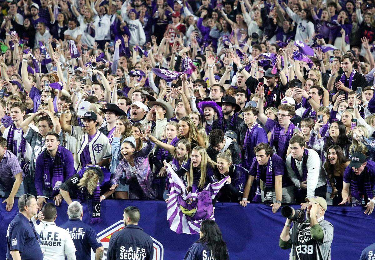 TCU fans cheer on the Horn Frogs as they defeat Michigan at the Vrbo Fiesta Bowl at State Farm Stadium in Glendale, Ariz., on Saturday, December 31, 2022.