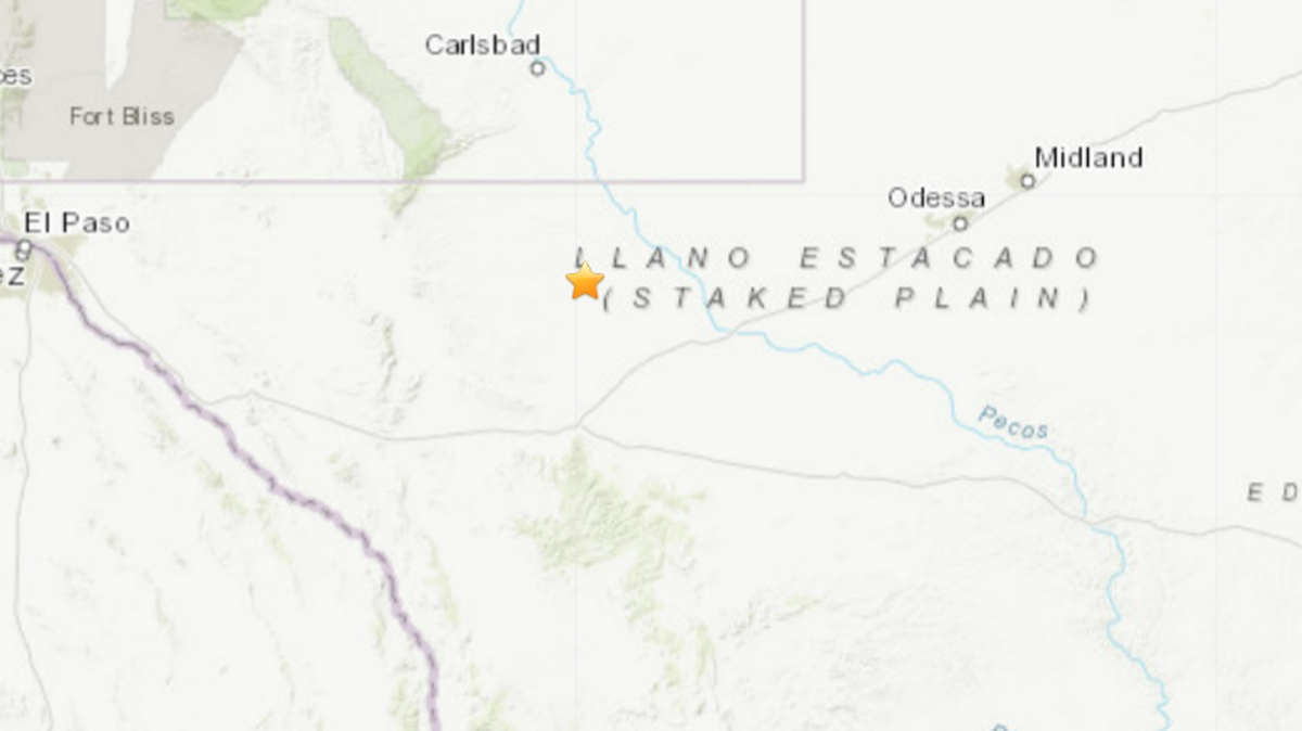A screenshot of a map showing the location of an earthquake near Pecos, Texas