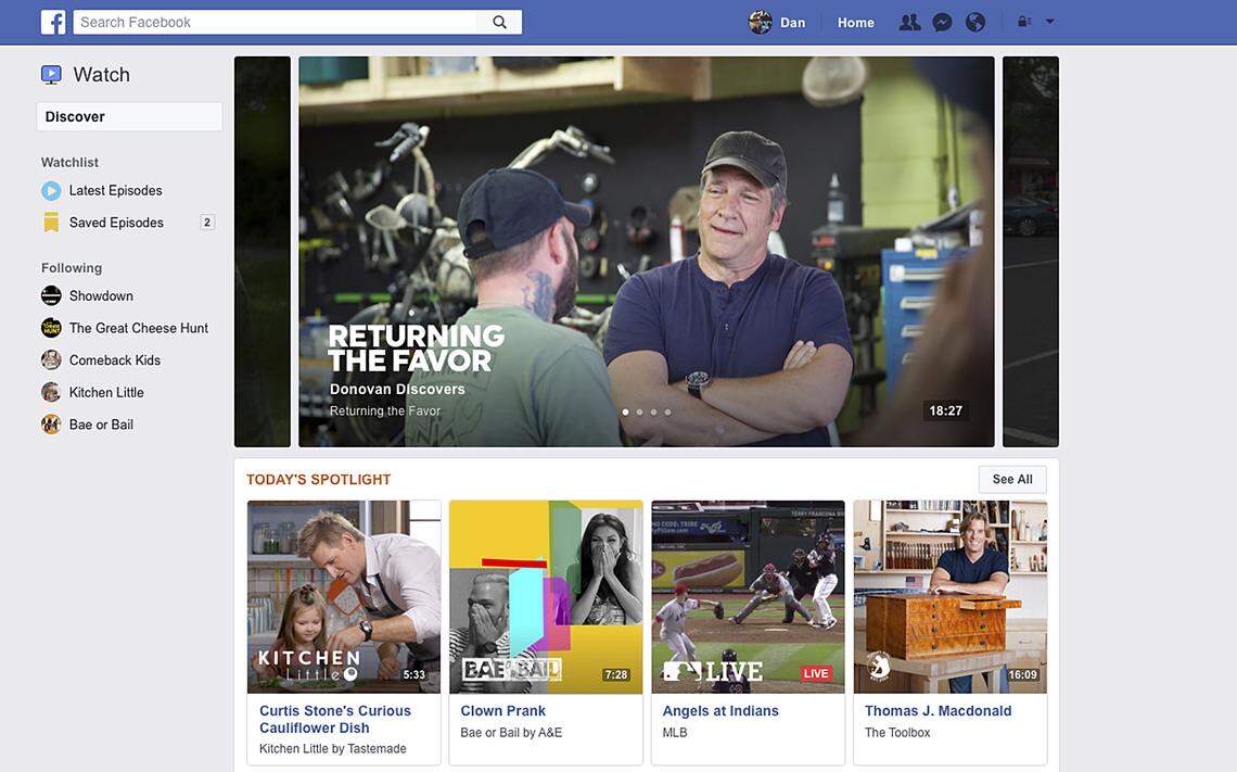 This image provided by Facebook shows a screenshot demonstrating Facebook's Watch feature, which is dedicated to live and recorded video. The idea is to have fans commenting and interacting with the videos.