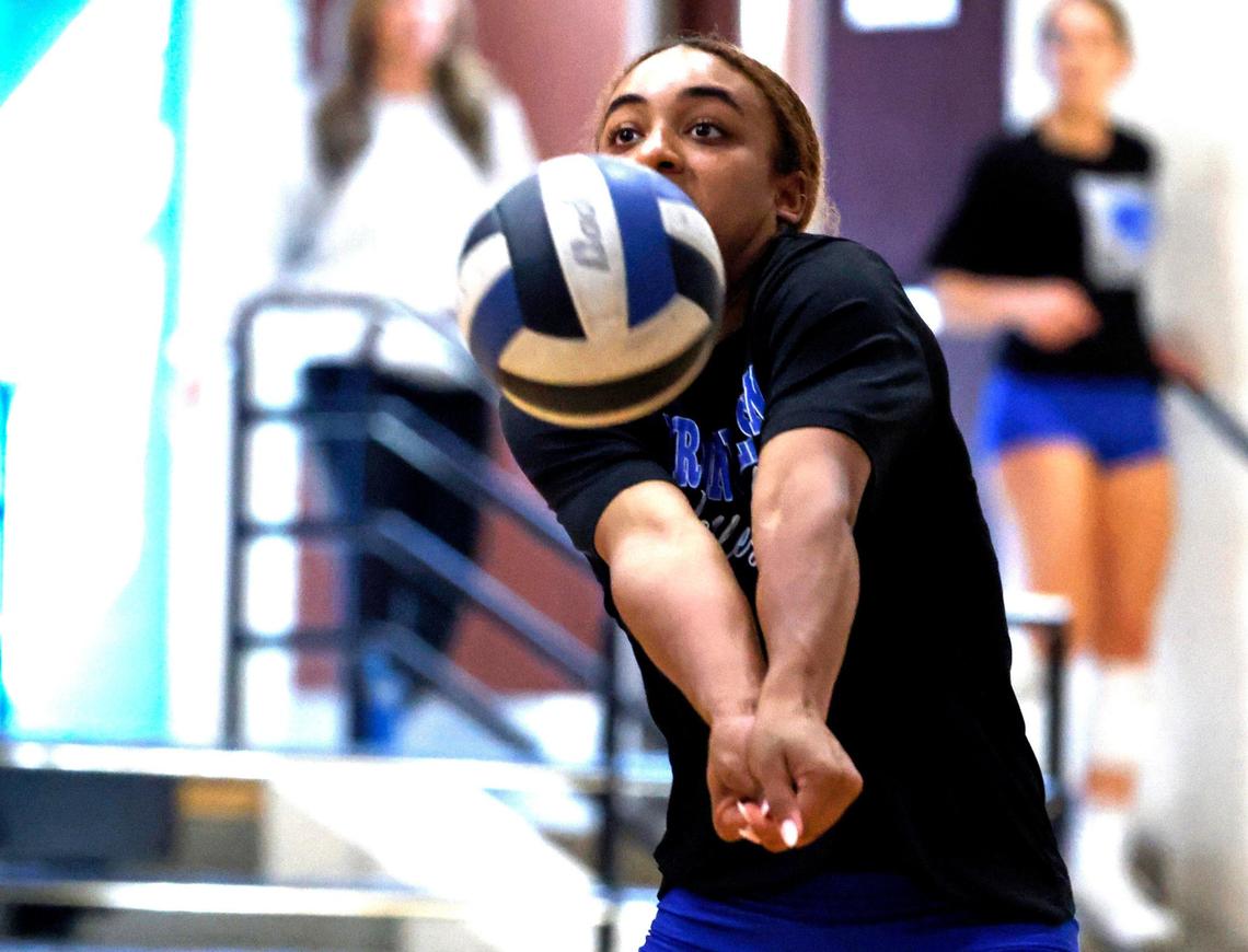 Sydnee Peterson returns the ball during volleyball practice at Byron Nelson High School in Trophy Club Texas, Wednesday, Sept. 25, 2024.