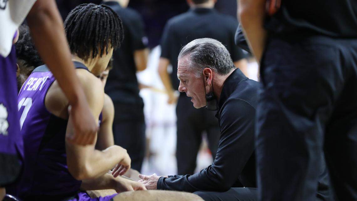 TCU coach Jamie Dixon talks to his team during the Kansas State game on Wednesday night at Bramlage Coliseum in Manhattan, Kansas.