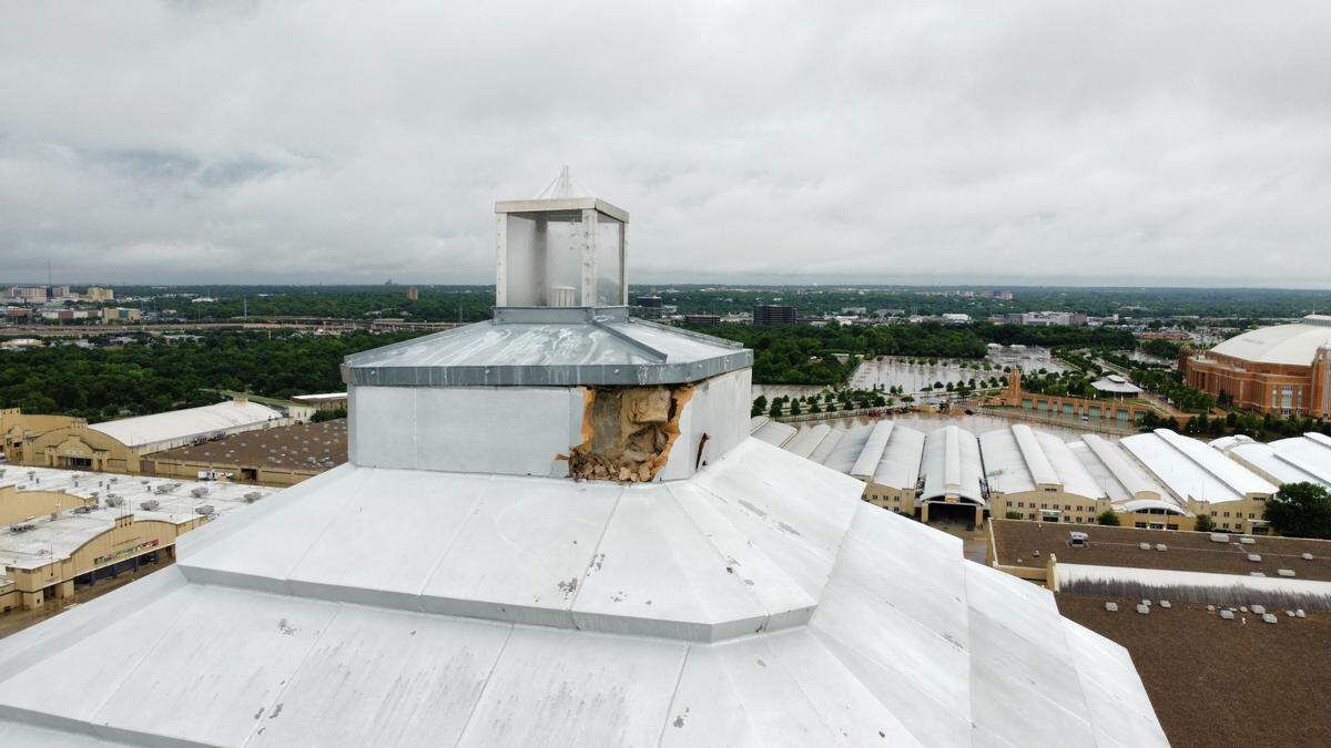 A drone photo shows damage to Pioneer Tower from a lightning strike on April 30.