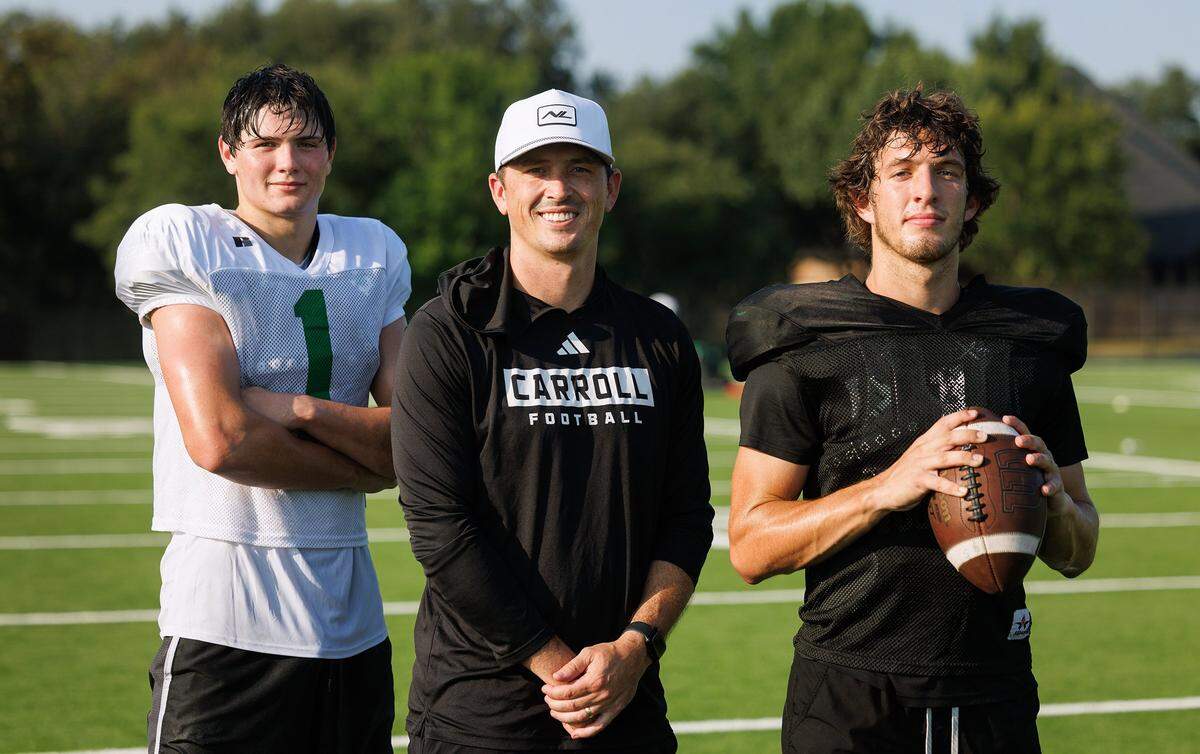 The Southlake Carroll Dragons are the top ranked team in Texas as they gear up for this year's season with wide receiver Brock Boyd, left, coach Riley Dodge, center, and quarterback Angelo Renda on Wednesday, Aug. 6, 2025, in Southlake.