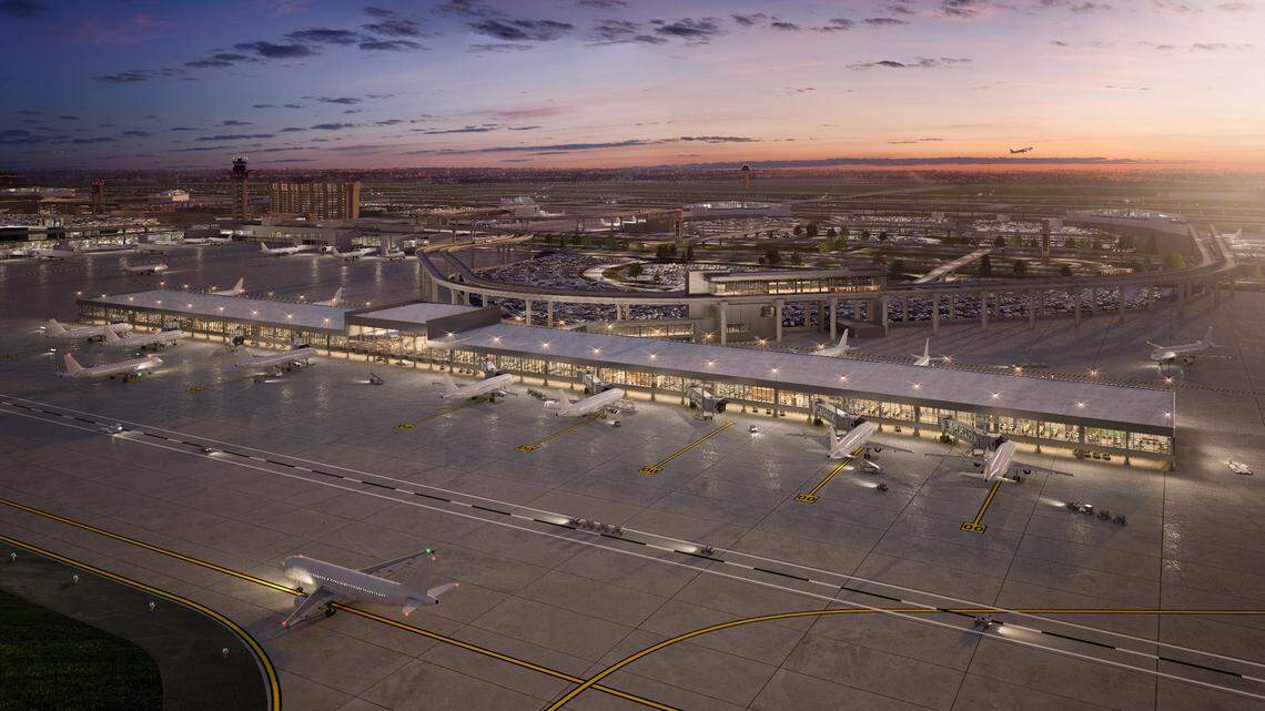 An artist rendering of the new Terminal F at Dallas-Fort Worth International Airport. When it opens in 2026, it will have 15 gates initially.