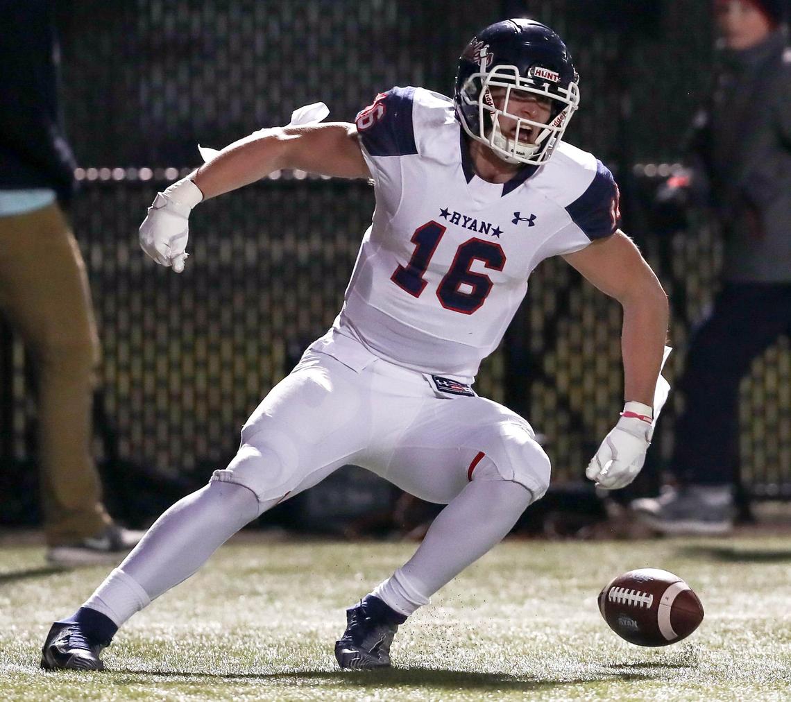 Denton Ryan wide receiver Drew Sanders (16) celebrates after his 40 yard touchdown reception against Birdville during the first half, Thursday night, November 7, 2019 played at Birdville Fine Arts/Athletics Complex in North Richland Hills, TX.