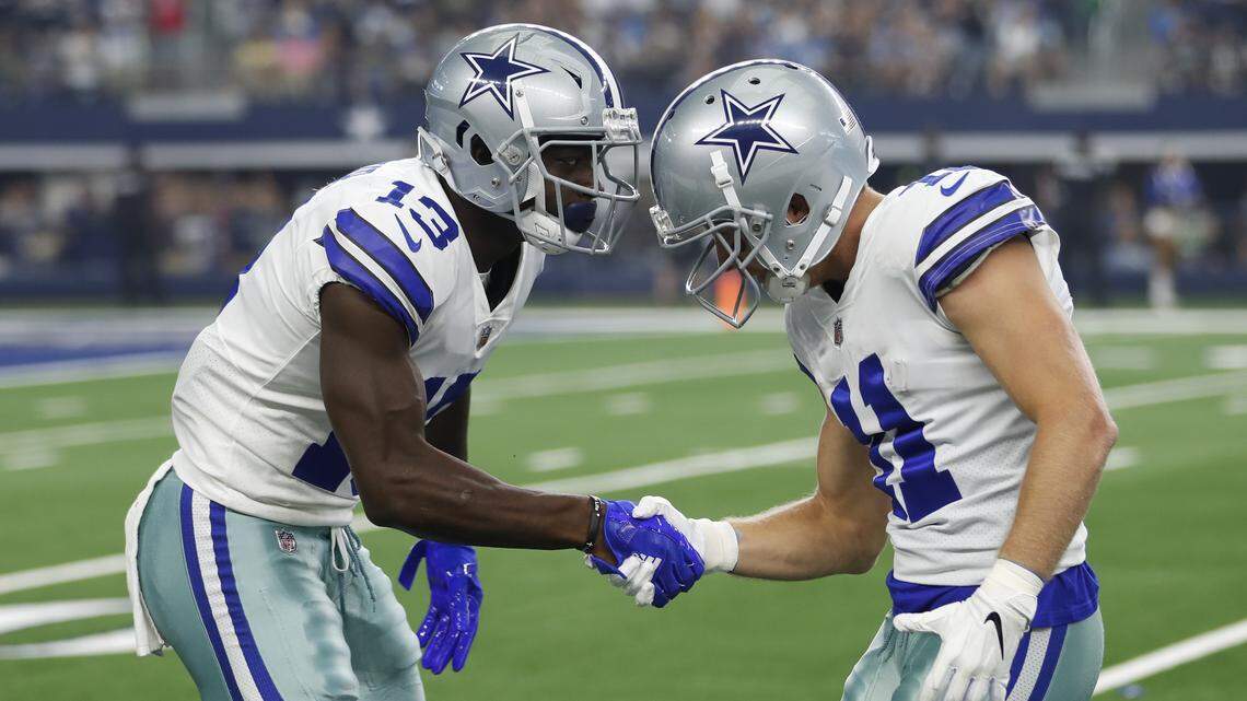 Dallas Cowboys rookie wide receiver Michael Gallup, left, is back with the team and will play against the Washington Redskins Thursday after the tragic death of his brother. Teammates, including Cole Beasley, right, have been there to support Gallup.