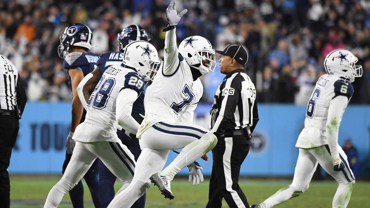 Dallas Cowboys cornerback Trevon Diggs (7) celebrates after a fumble was recovered by linebacker Micah Parsons (11) during the first half against the Tennessee Titans at Nissan Stadium. (Christopher Hanewinckel-USA TODAY Sports)