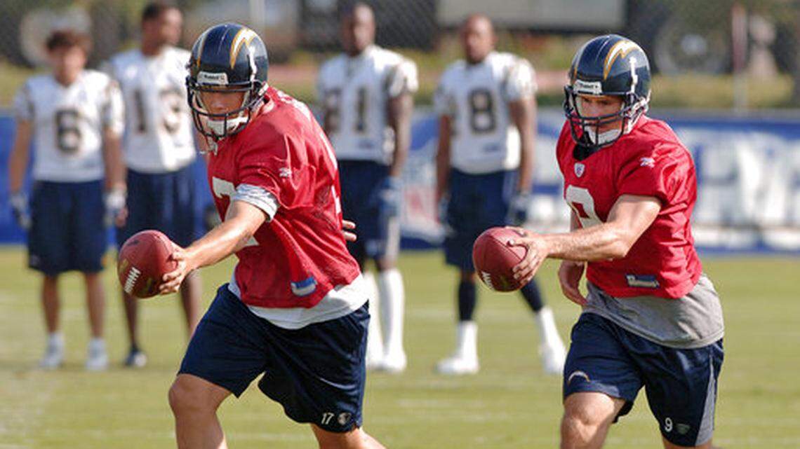 A revisit of a training camp when the Chargers featured two MVP quarterbacks on their roster at the same time in Philip Rivers (left) and Drew Brees.