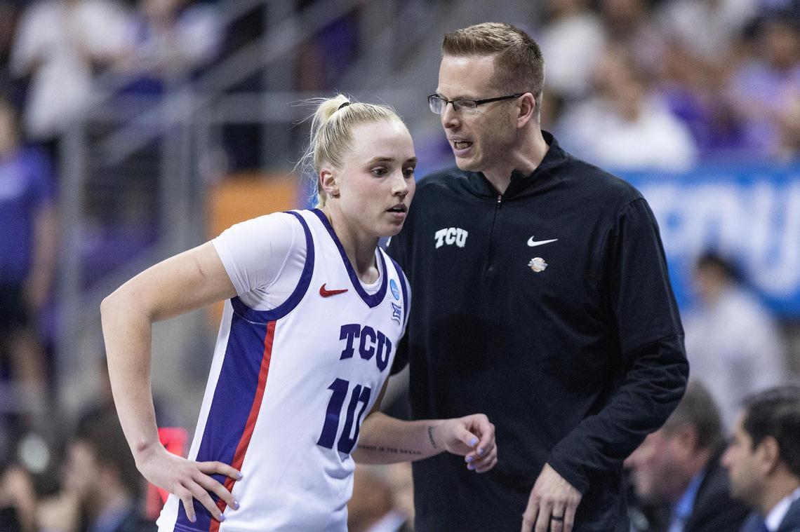TCU guard Hailey Van Lith (10) led TCU to its first NCAA Tournament win since 2006 on Friday afternoon with a blowout over Farleigh Dickinson.