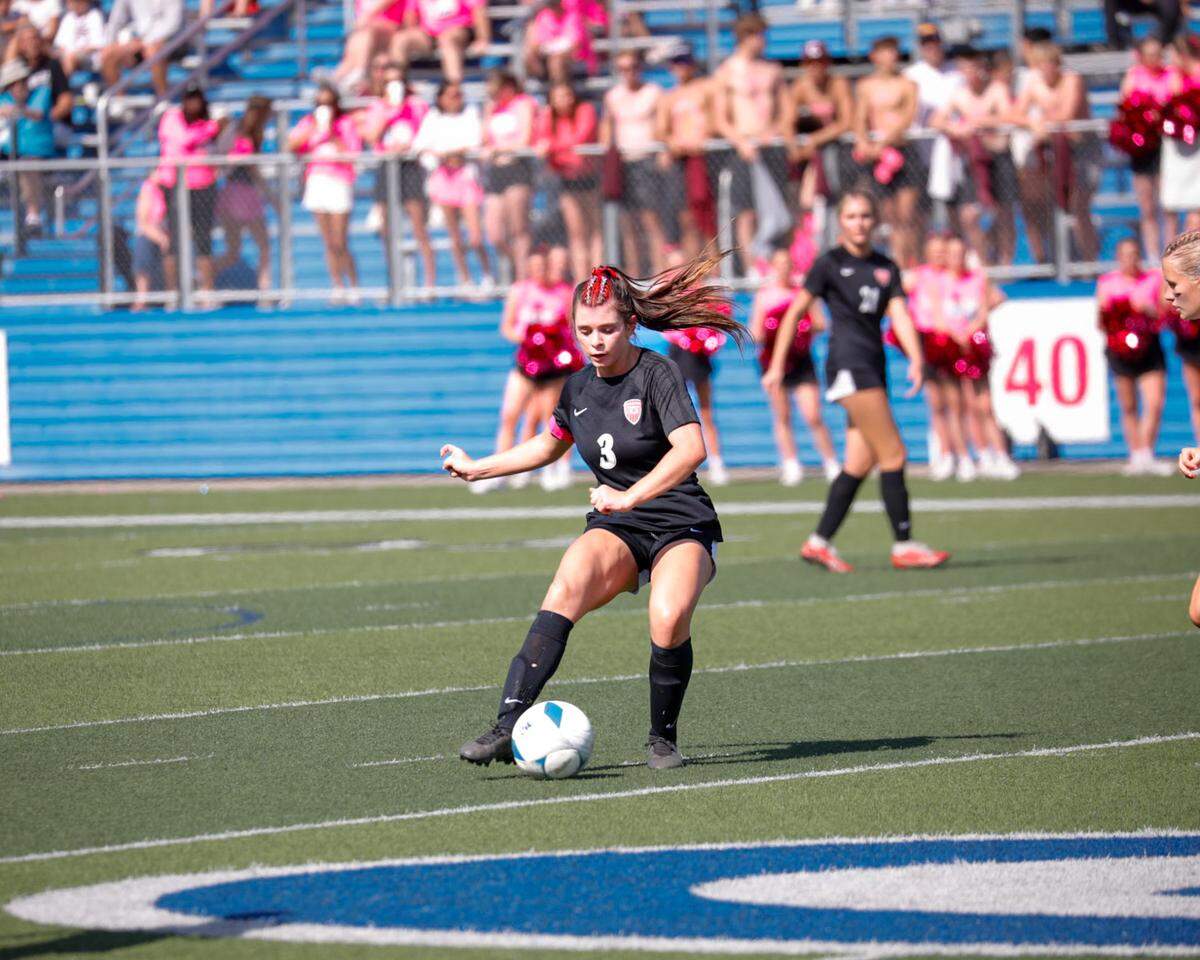 Colleyville Heritage sophomore midfielder Emerson Andries makes a play in the girls’ Class 5A Division 1 UIL high school soccer state championship vs. College Station A&M Consolidated at Birkelbach Field in Georgeown on Friday, April 11, 2025.