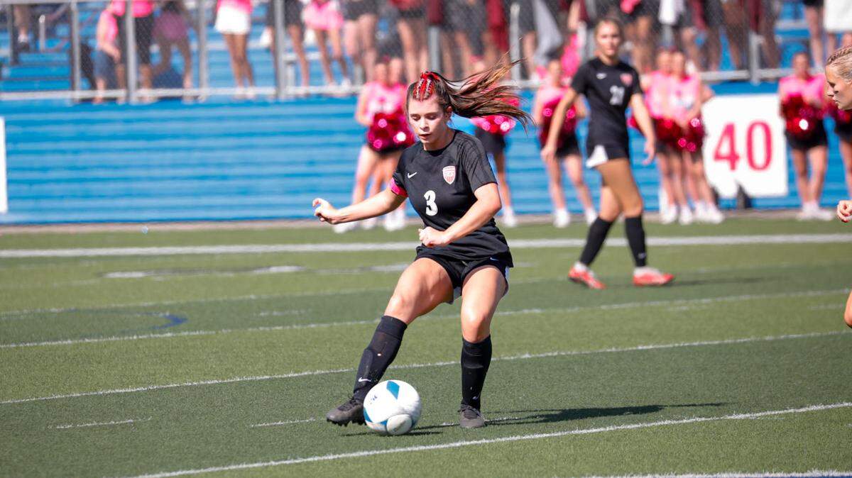 Colleyville Heritage sophomore midfielder Emerson Andries makes a play in the girls’ Class 5A Division 1 UIL high school soccer state championship vs. College Station A&M Consolidated at Birkelbach Field in Georgeown on Friday, April 11, 2025.