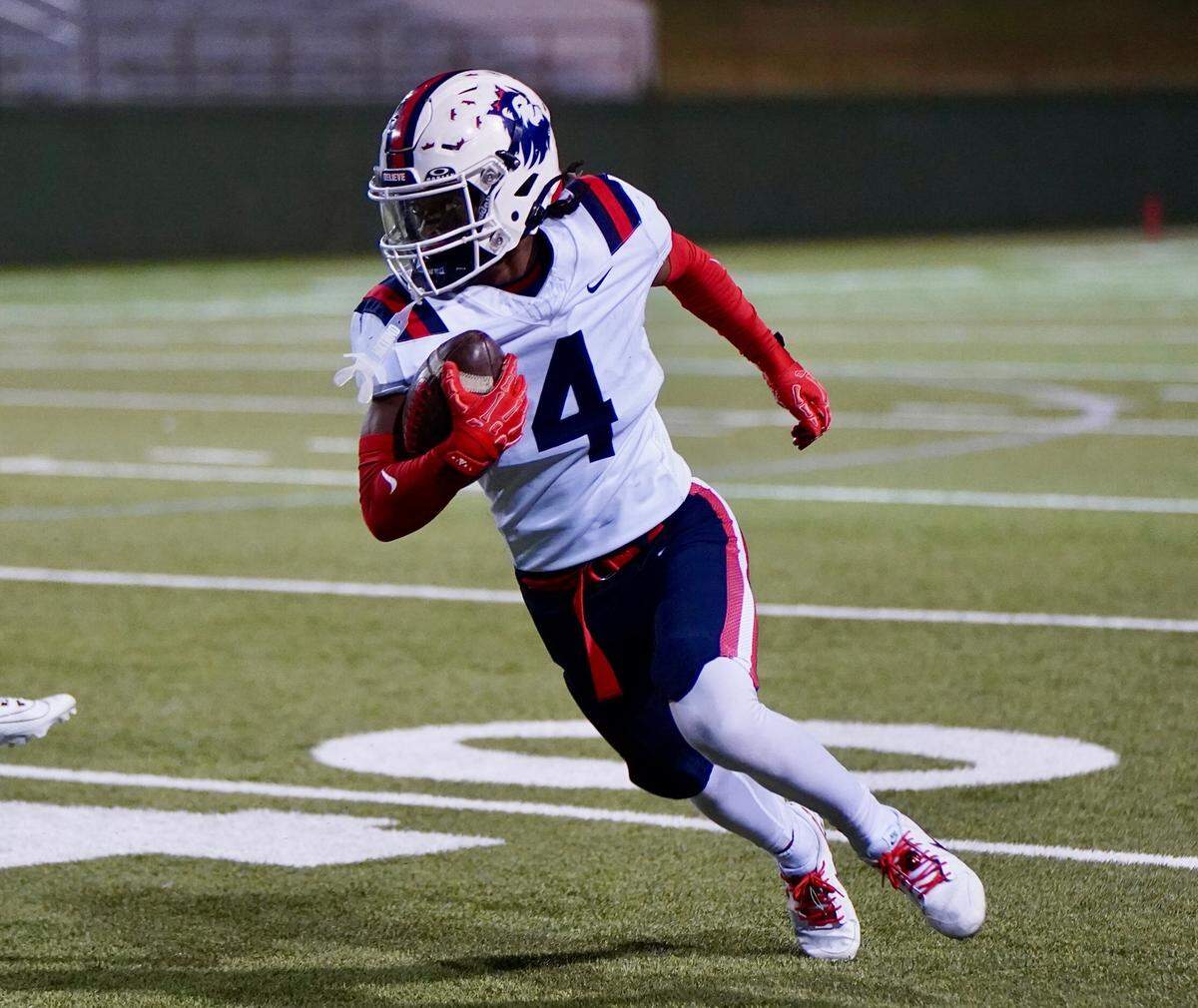 North Richland Hills Richland wide receiver Deon Jones turns up field with one of his eight catches for 181 yards against Amarillo in a Class 5A Division 1 area-round game on Saturday, Nov. 23, 2024 at Memorial Stadium in Wichita Falls, Texas.