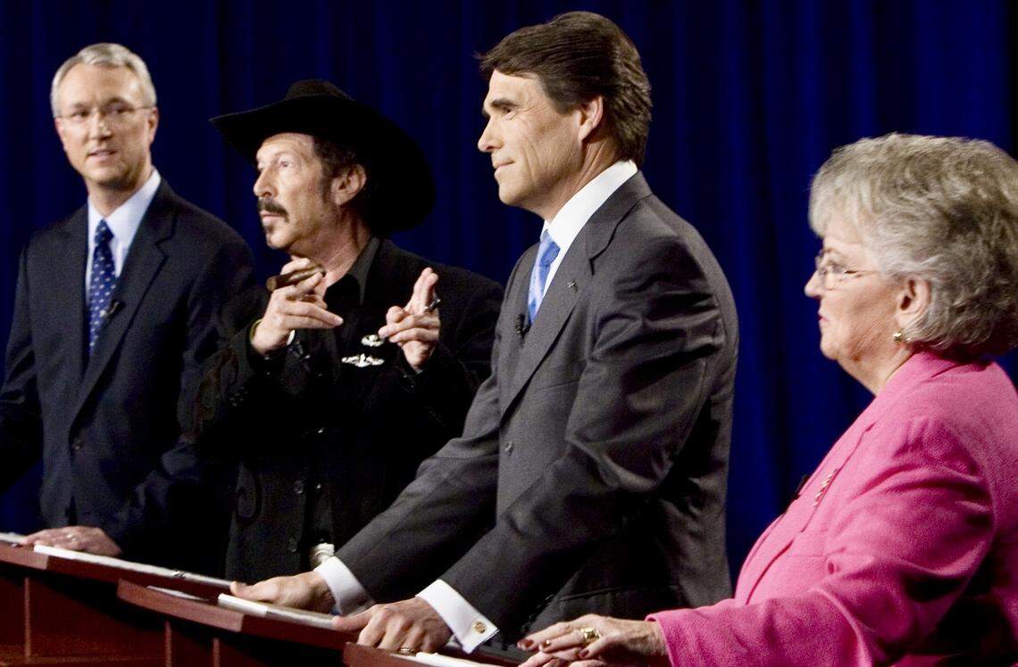 Texas gubernatorial candidates, from left, Chris Bell, Kinky Friedman, Gov. Rick Perry, and Carole Keeton Strayhorn participate in an a on-air debate in Dallas Oct. 6, 2006..