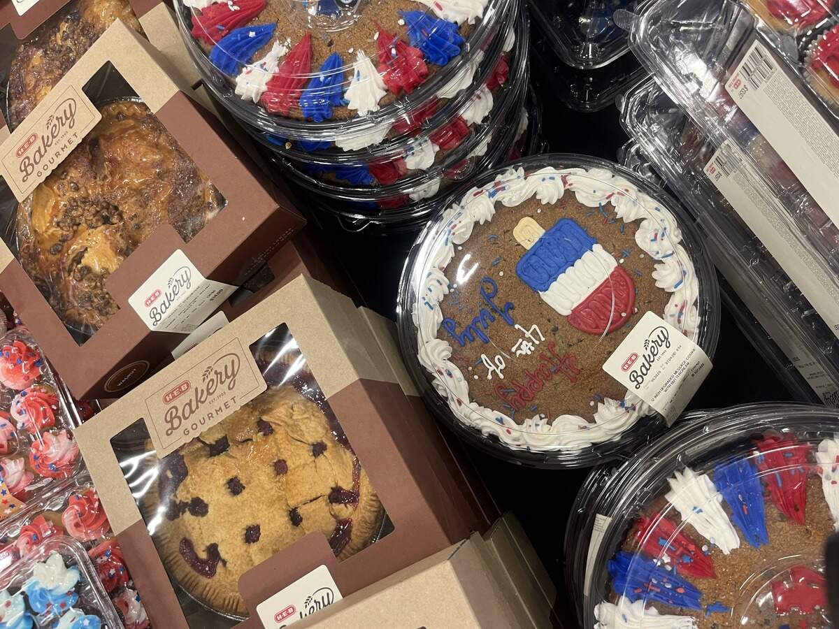 Festive apple pies and cookie cakes at H-E-B in Fort Worth on July 30, 2026 ahead of the Fourth of July holiday.
