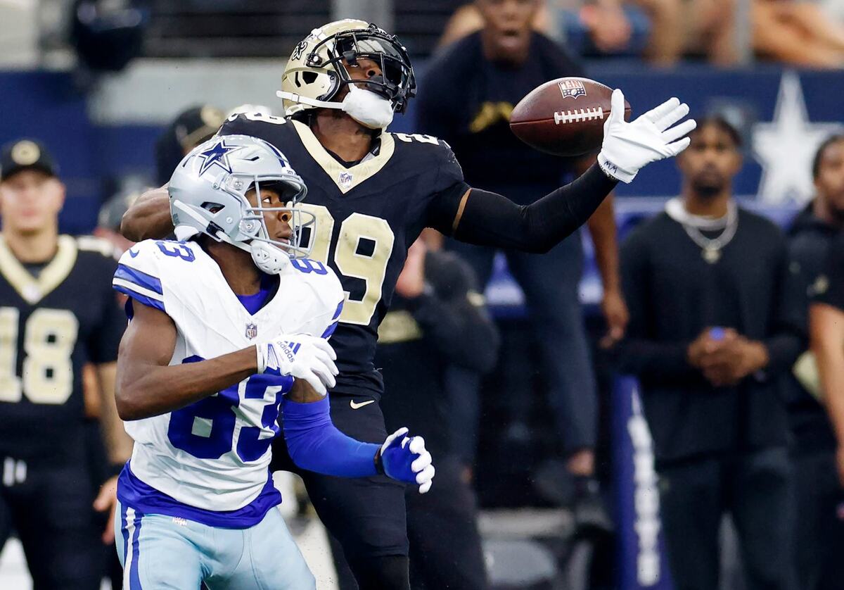 A pass intended for Dallas Cowboys wide receiver Jalen Brooks is broken up by New Orleans Saints cornerback Paulson Adebo on Sunday, Sept. 15, 2024, at AT&T Stadium in Arlington.