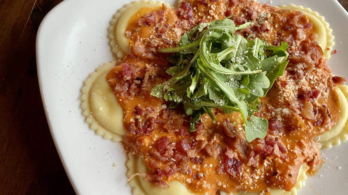 Cheese ravioli with pancetta in vodka sauce at Olivella’s Pizza and Italian restaurant.