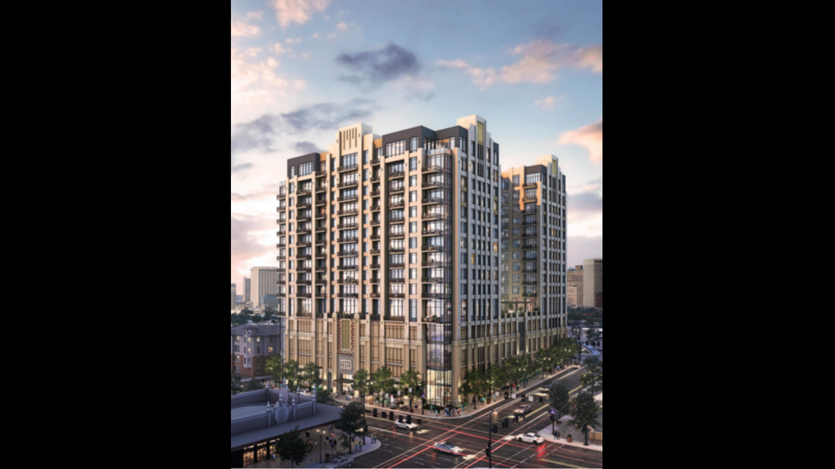 A rendering of the 16-story mixed-use building proposed for the northwest corner of Seventh Street and Henderson Street.