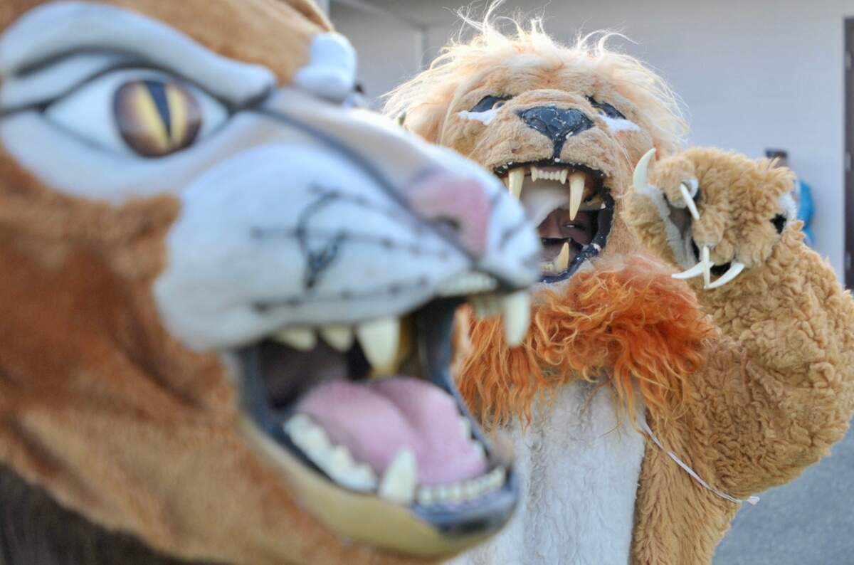 High school mascots get ready for a game in Lyden, Washington. Mascots would be exempted from a Texas House bill that would ban students from wearing costumes.