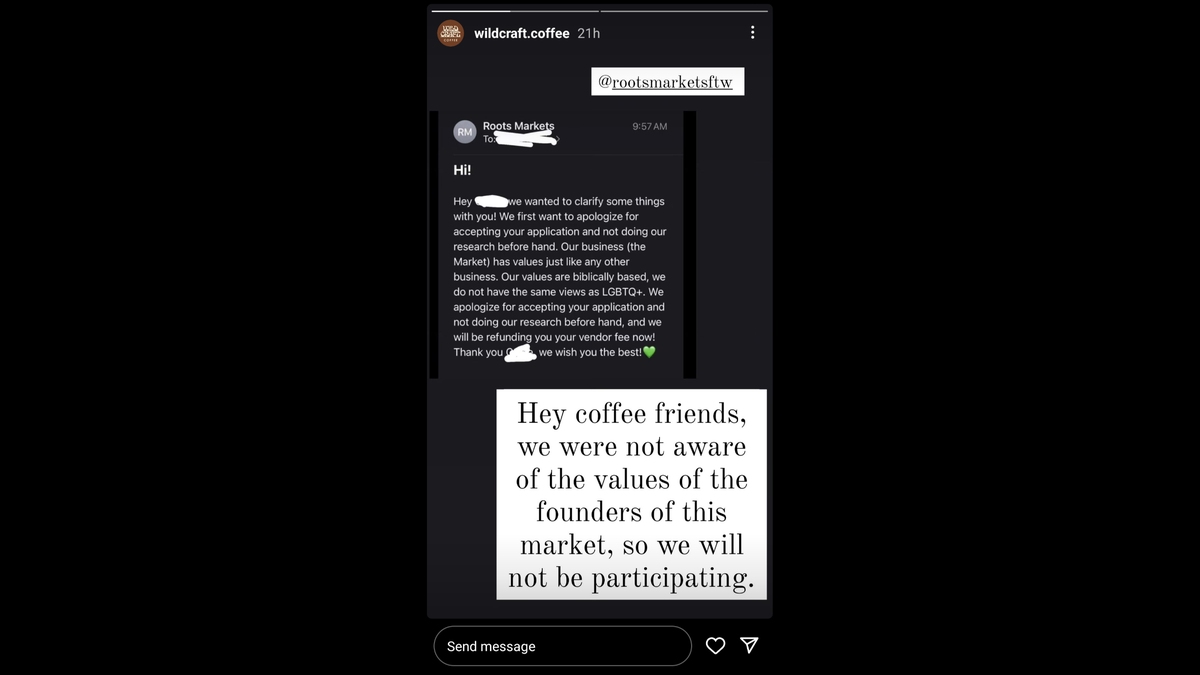 An Instagram story showing an email from Roots Market rejecting a vendor's participation in a craft fair over the vendor's LGBTQ+ views. 