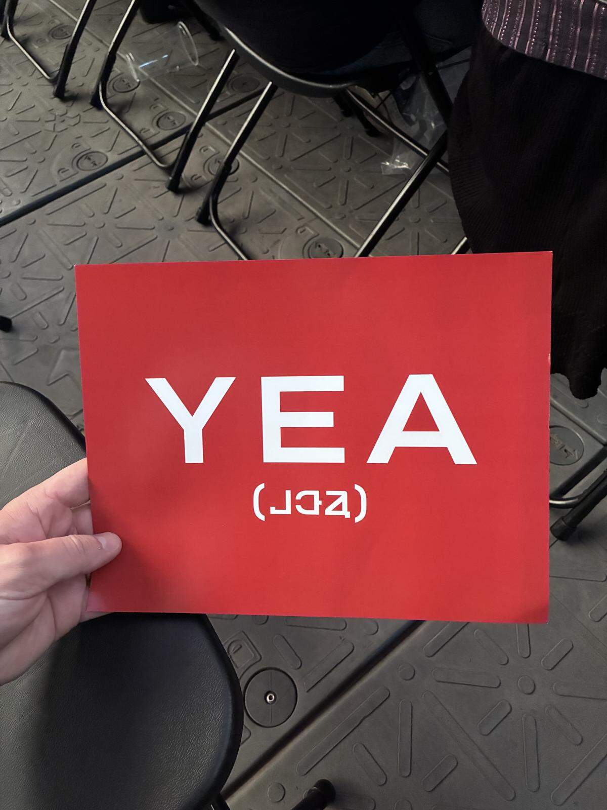 The “Yea” placard before the show at the My Chemical Romance concert Saturday, Aug. 2, 2025 at Globe Life Field in Arlington, Texas.