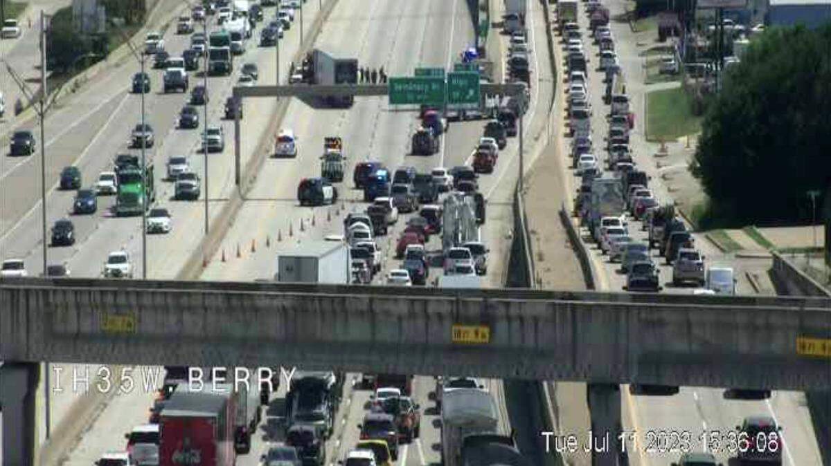 All southbound lanes of Interstate 35 at Ripy Street in Fort Worth were shut down Tuesday afternoon and evening, July 11, 2023, after a shooting on the highway.