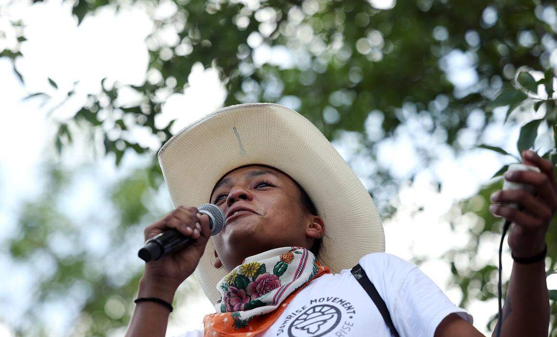 Community organizer Rogelio Meixueiro speaks during a rally before the Texas House's Select Committee on Congressional Redistricting hearing held at UT Arlington on Monday, July 28, 2025.